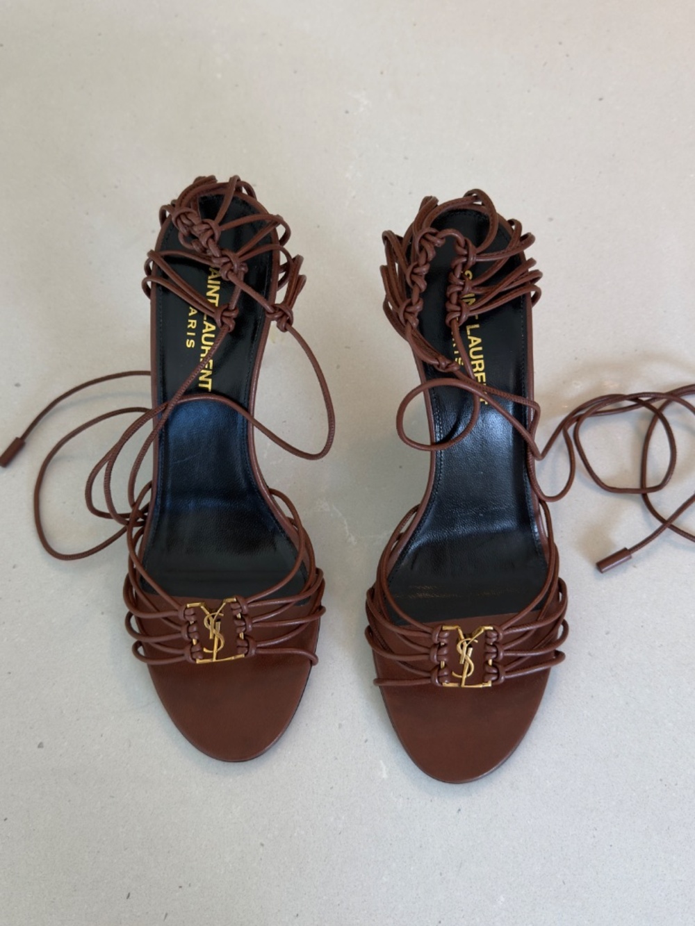 Saint Laurent Brown Leather Strappy Lace Up Sandals Gold YSL Logo Heels 38